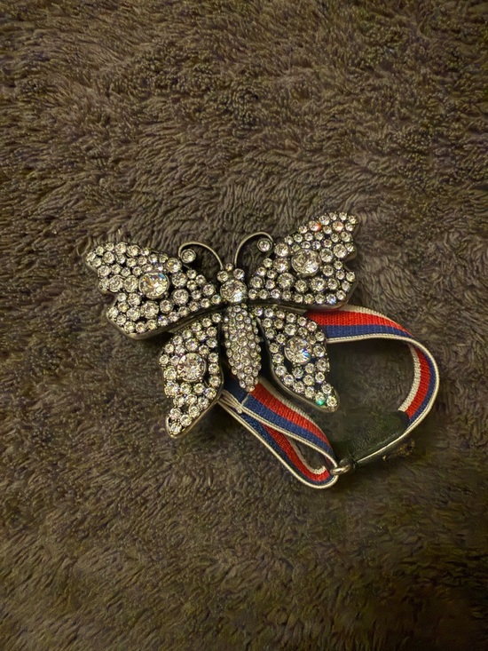 Gucci Accessories - Gucci Crystal Butterfly Hair Tie - Clear Crystals with Red & Blue Stripe Band